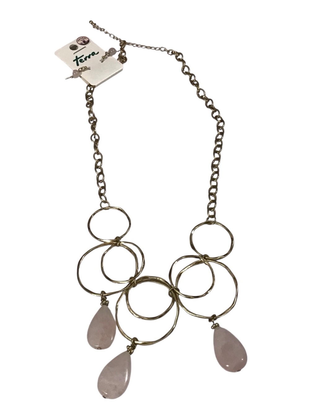 Terra Natural Pink Stone Necklace Earring Set Gold Tone Chain Link